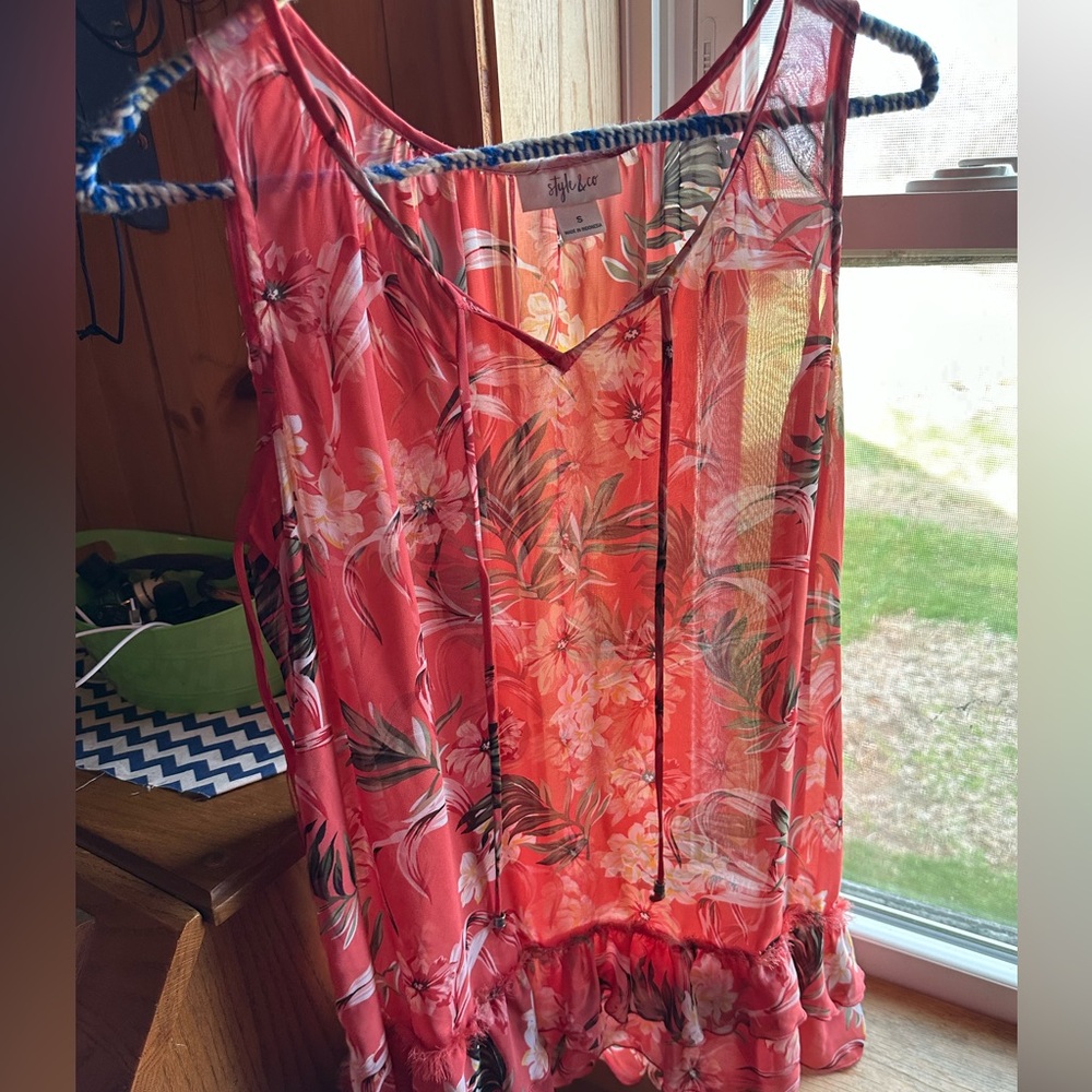 Style & Co. Coral Floral V-Neck Ruffle Hem Camisole